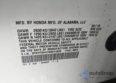 2019 Honda Pilot Ex-L из США, поврежденный, VIN 5FNYF6H47KB014655